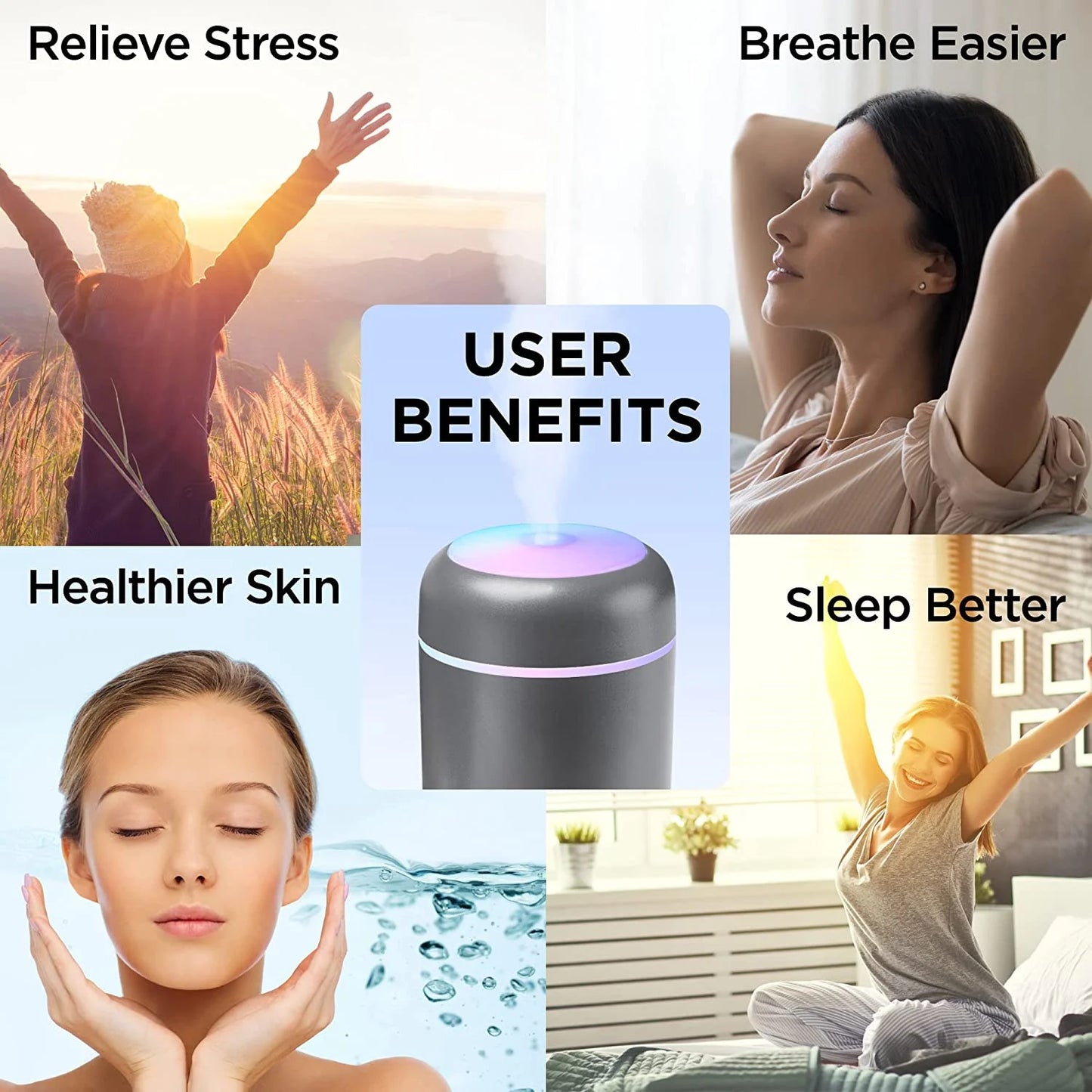 Breathe Easy Portable Personal Humidifier, USB Powered, Night Light, Timer Included, for Allergies, Dry Skin and Improved Sleep, Gray