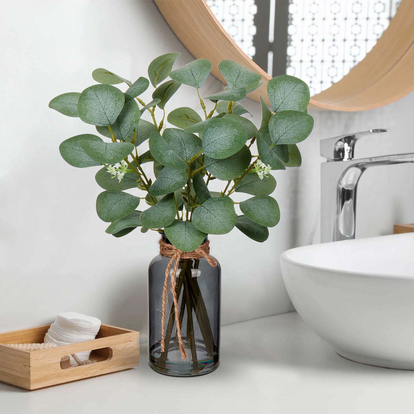 14" Eucalyptus Leaves Artificial Plant Stems in Black Glass Vase with Faux Water Home Office Farmhouse Wedding Centerpiece Décor