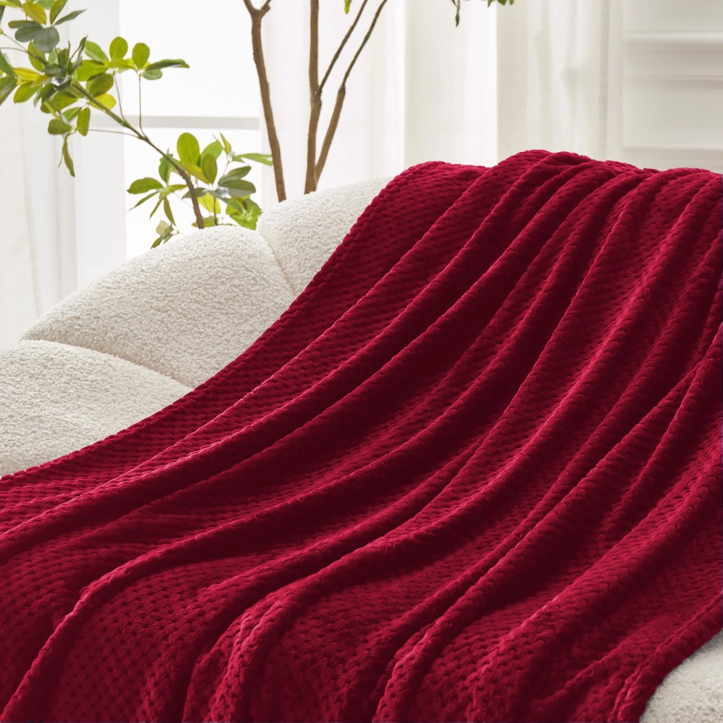 Waffle Textured Extra Large Fleece Blanket, Super Soft and Warm Throw Blanket for Couch, Sofa and Bed (Burgundy, 50"X70")-Cozy, Fuzzy and Lightweight