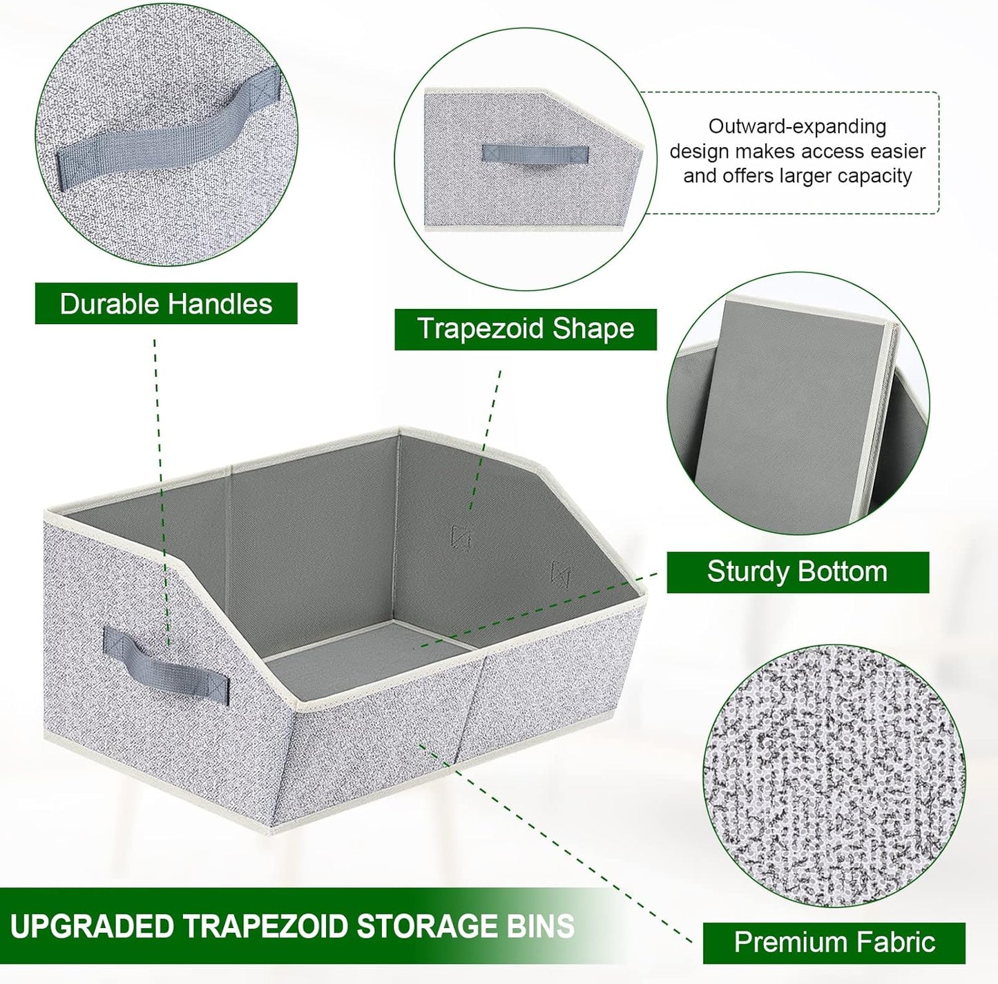 Closet Organizers Bins 6 Packs - Large Closet Shelf Organizer with Handles, Fabric Trapezoid Storage Bins, Collapsible Storage Cubes for Clothes, Towels, Light Grey