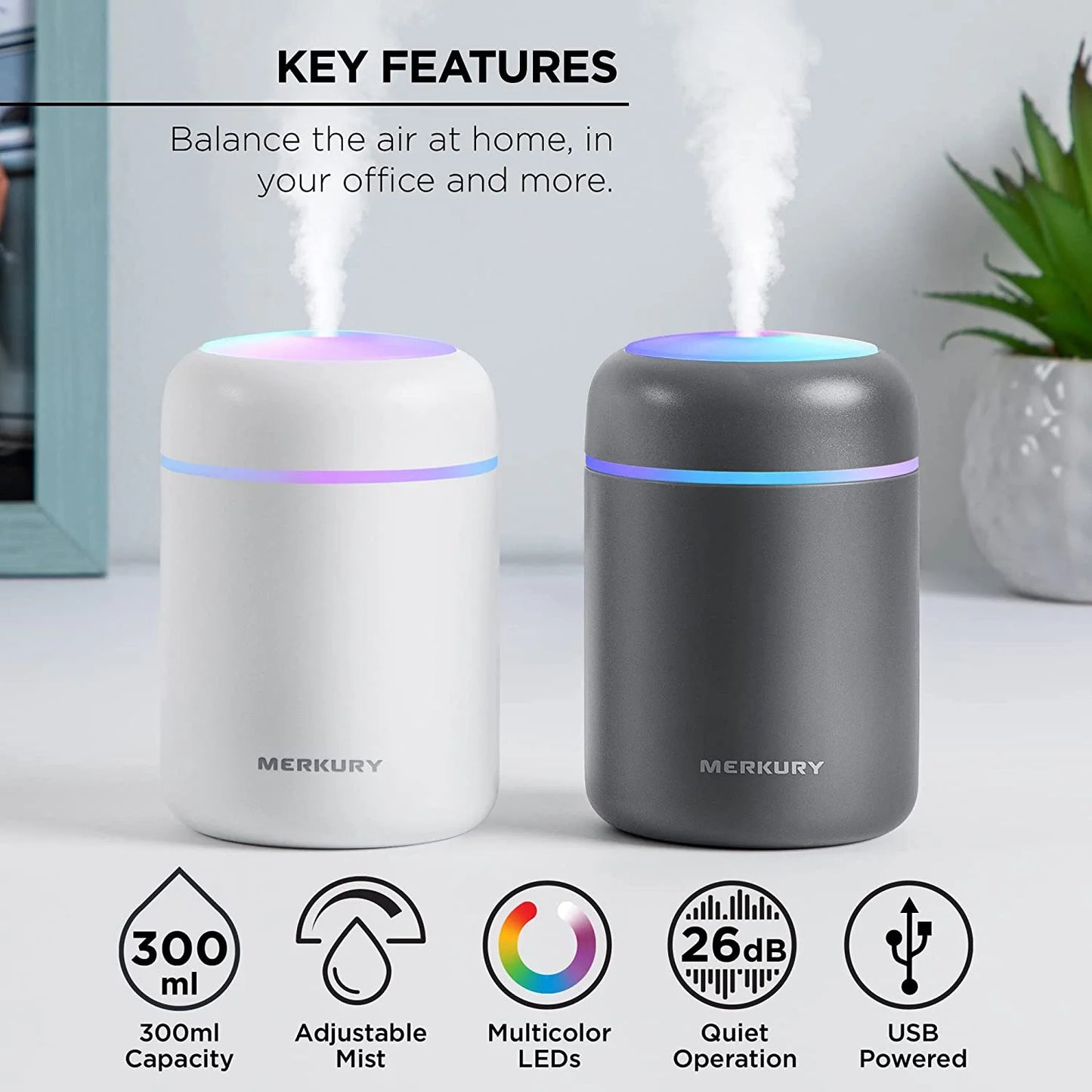 Breathe Easy Portable Personal Humidifier, USB Powered, Night Light, Timer Included, for Allergies, Dry Skin and Improved Sleep, Gray