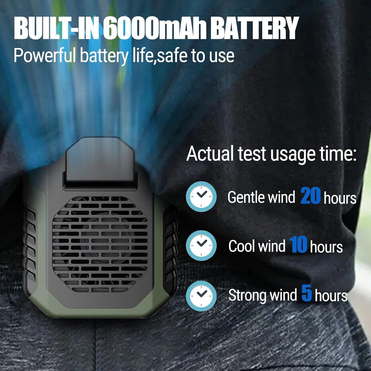 Portable Waist Fan Clip on 6000Mah Rechargeable Personal Cooling Neck Shirt Fan