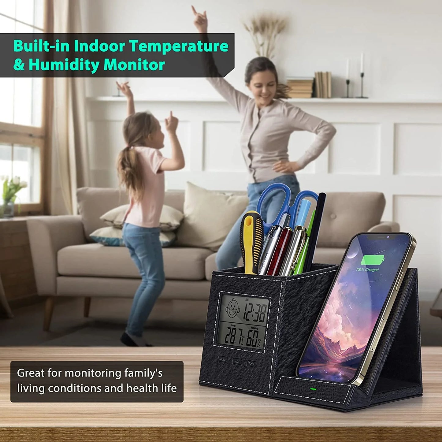 Pen Holder with Phone Wireless Charger, Desk Organizer, Digital Indoor Thermometer and Humidity Gauge, Home Office Organizers and Storage (Battery Included)
