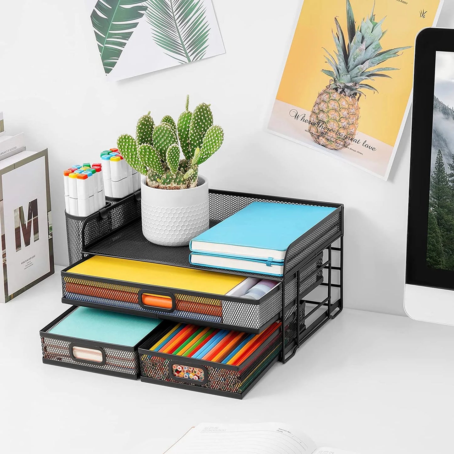 3 Tier Mesh Desk Organizer with Drawer, Multi-Functional Desk Organizers and Accessories, Paper Letter Organizer with 2 Pen Holder for Home Office Supplies