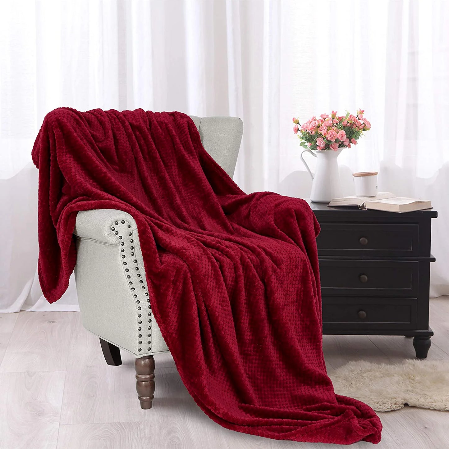 Waffle Textured Extra Large Fleece Blanket, Super Soft and Warm Throw Blanket for Couch, Sofa and Bed (Burgundy, 50"X70")-Cozy, Fuzzy and Lightweight