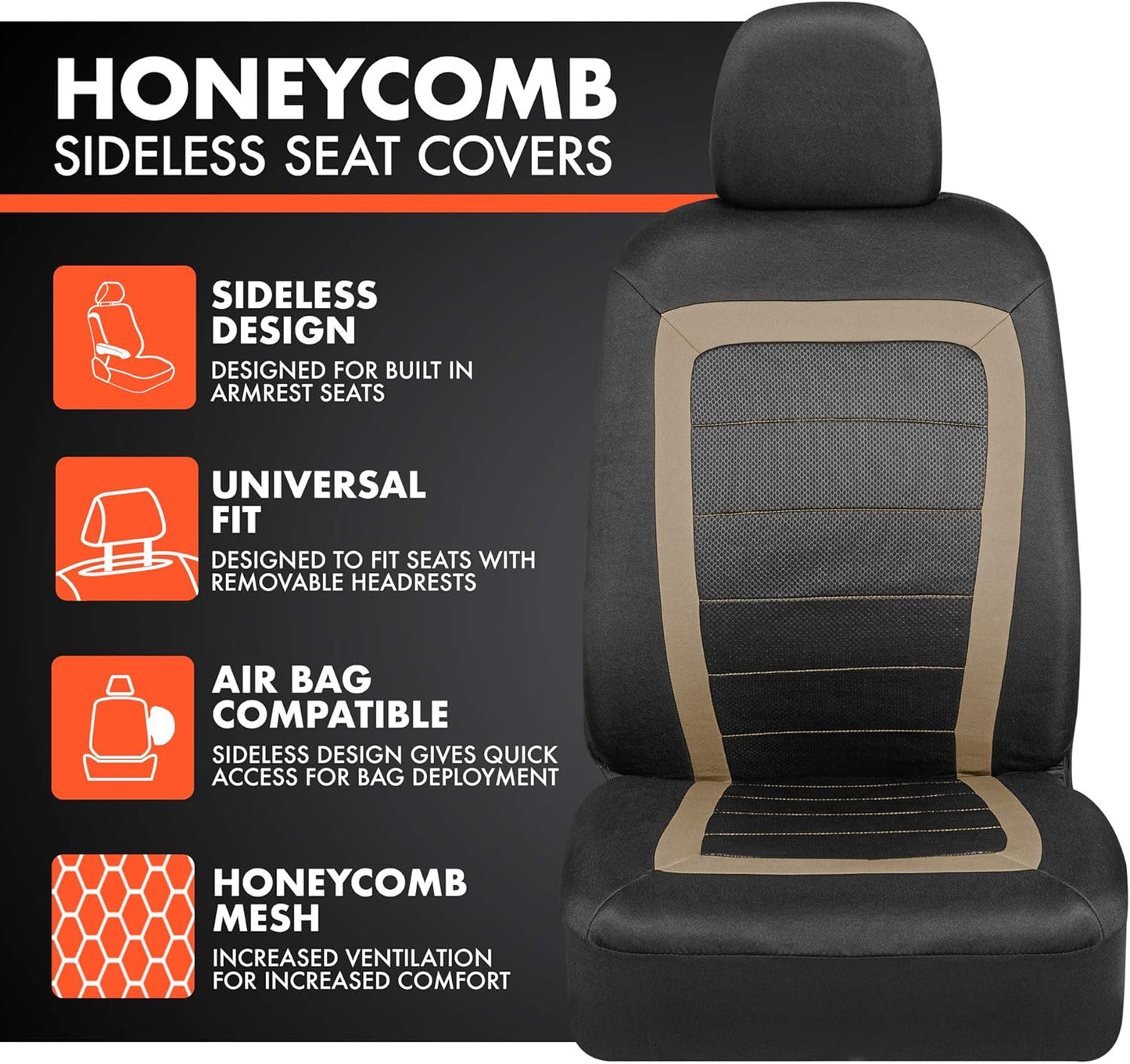 Carxs Freshmesh Car Seat Covers Full Set with Beige Accent – Mesh Front Seat Covers with Split Bench Back Seat Protector, Interior Covers for Auto Truck Van SUV