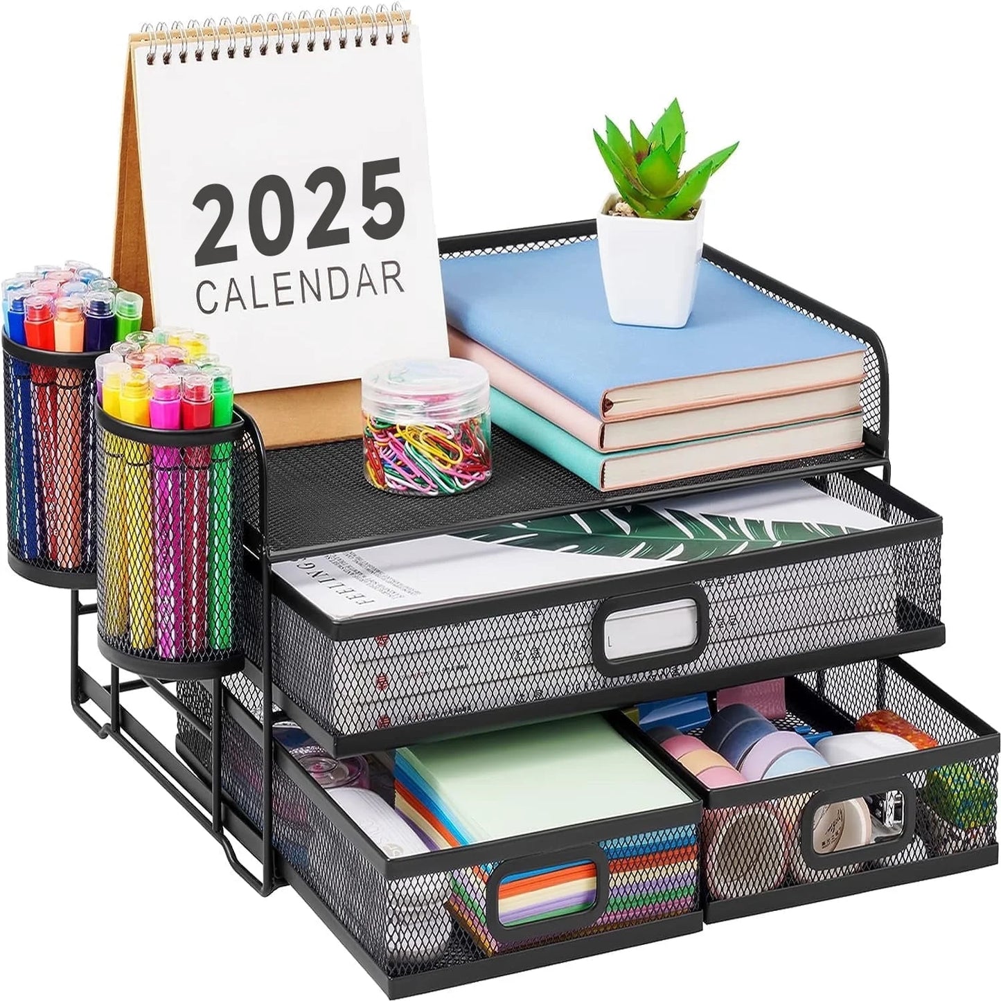 3 Tier Mesh Desk Organizer with Drawer, Multi-Functional Desk Organizers and Accessories, Paper Letter Organizer with 2 Pen Holder for Home Office Supplies