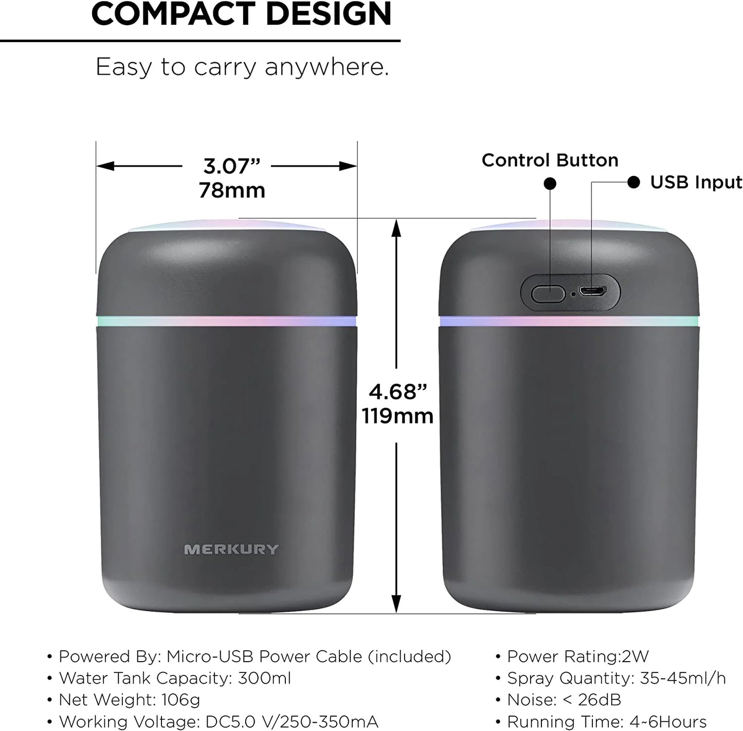Breathe Easy Portable Personal Humidifier, USB Powered, Night Light, Timer Included, for Allergies, Dry Skin and Improved Sleep, Gray