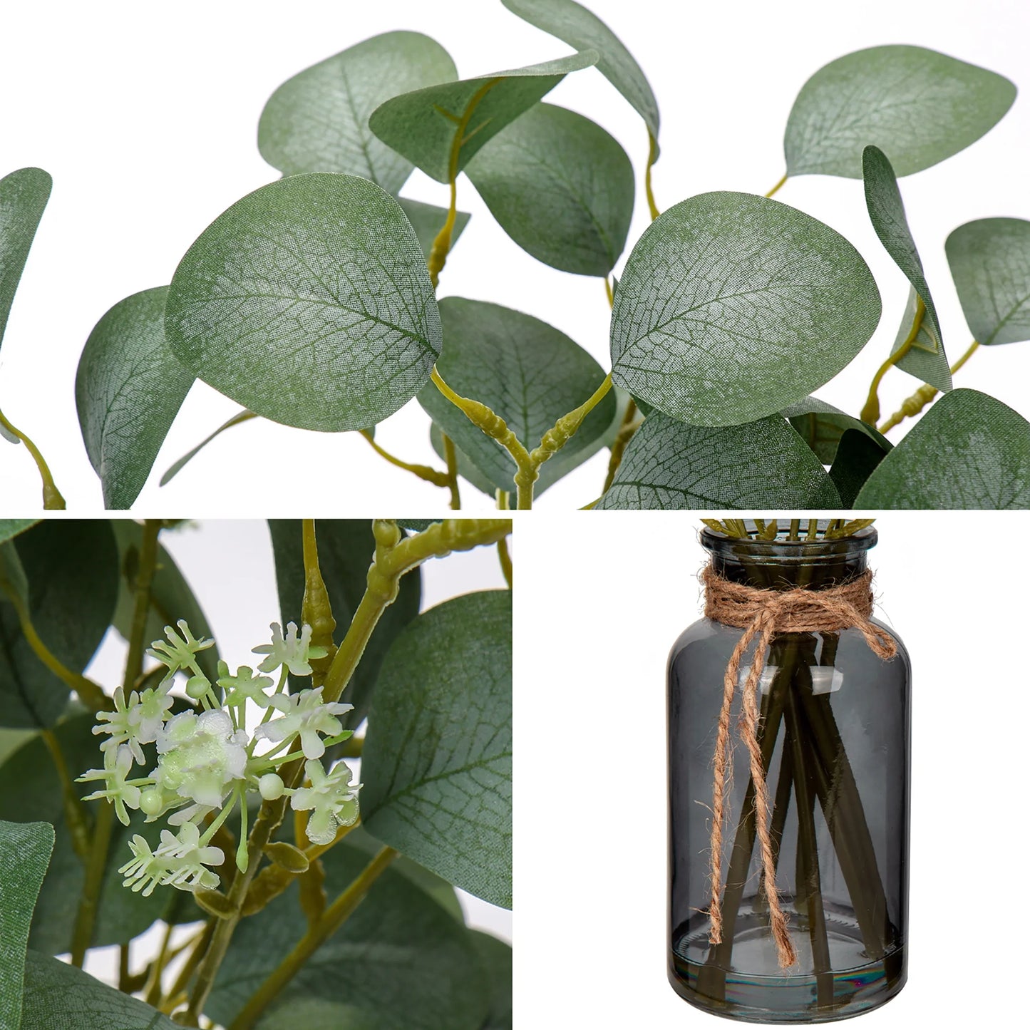 14" Eucalyptus Leaves Artificial Plant Stems in Black Glass Vase with Faux Water Home Office Farmhouse Wedding Centerpiece Décor