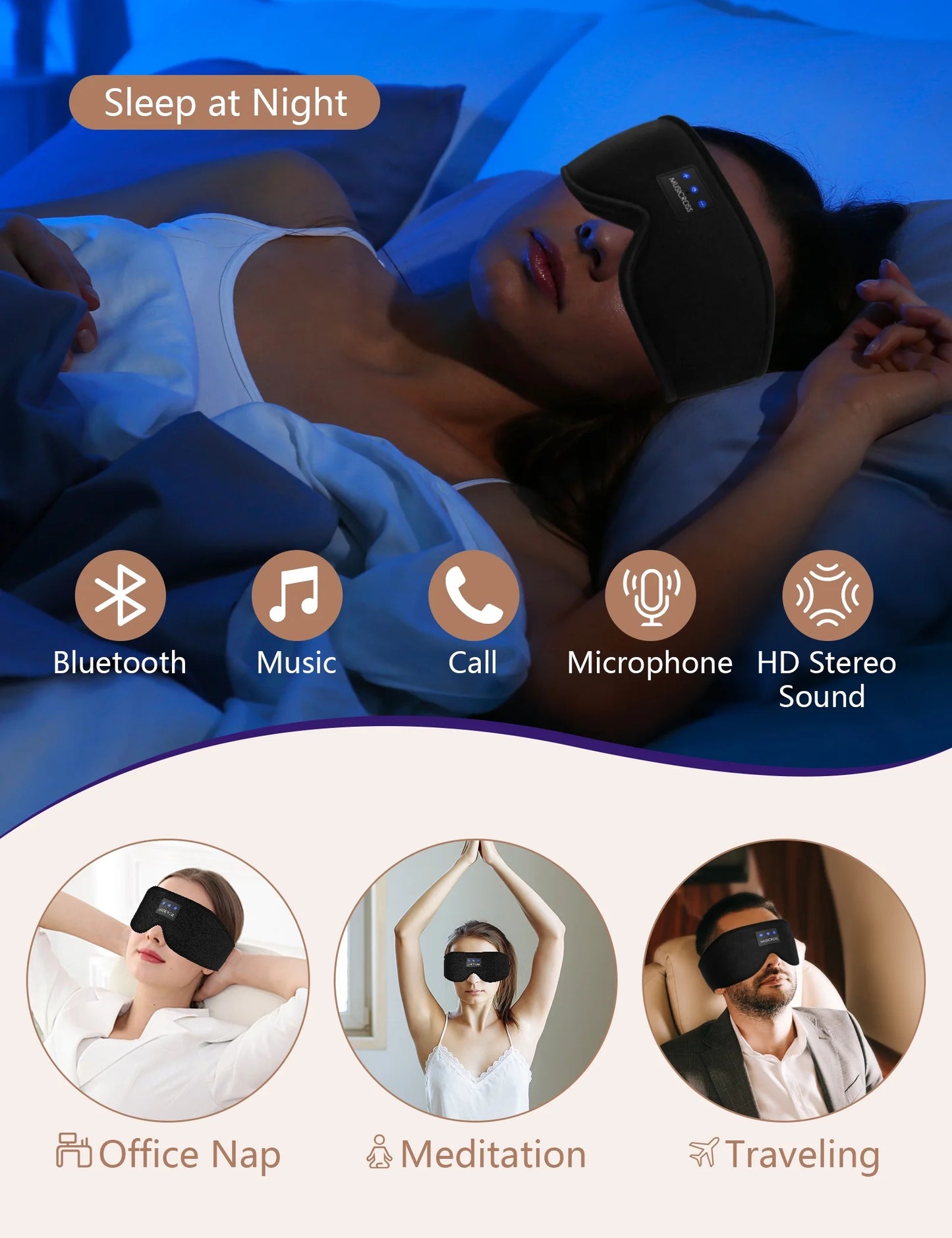 Sleep Mask with Headphones Bluetooth 5.2 Wireless, 3D Eye Mask for Sleeping Built-In HD Music, Microphone for Calls, Sleep Headphones for Side Sleepers Travel Yoga Meditation
