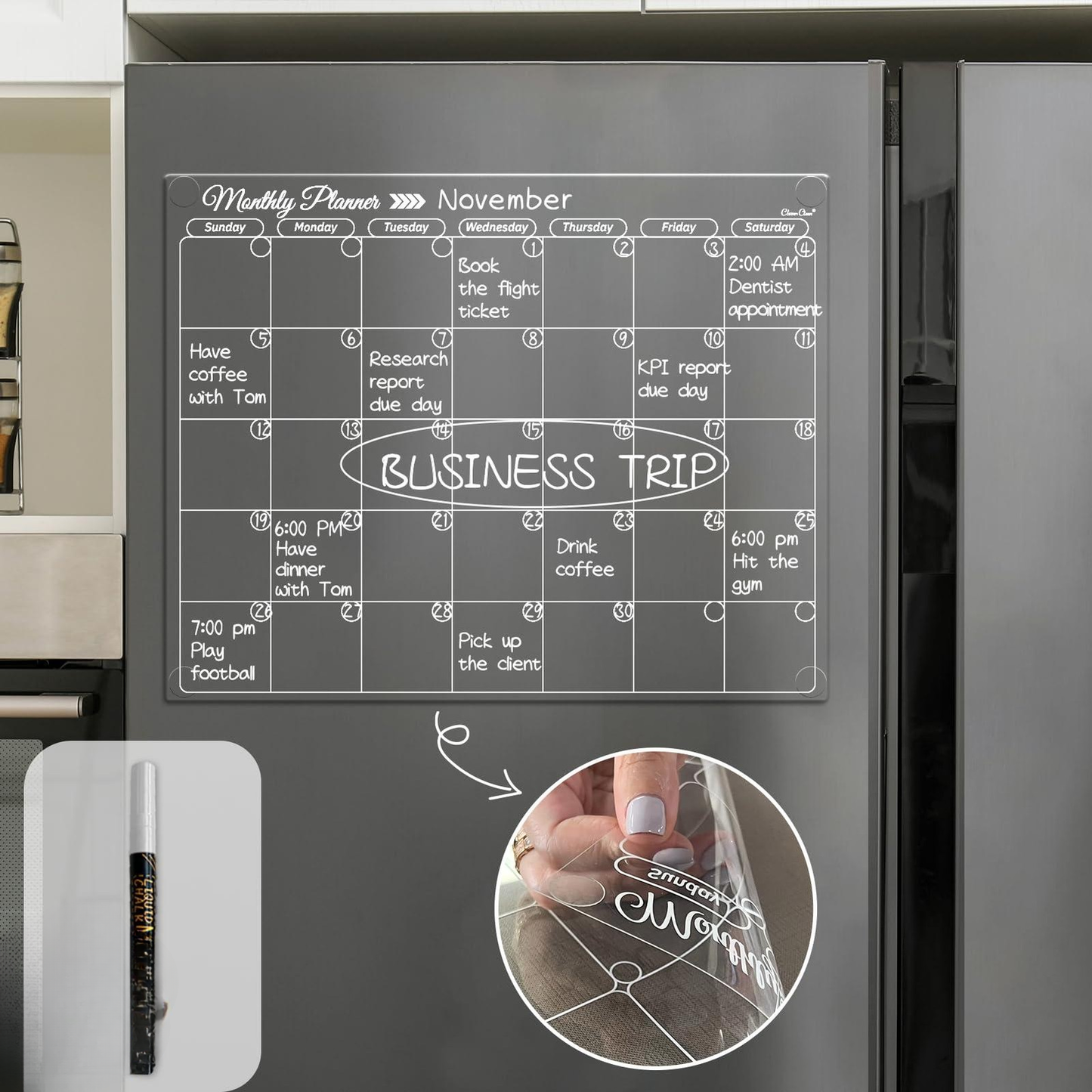 Clear Non-Magnetic Monthly Planner – Transparent Dry Erase Calendar for Fridge