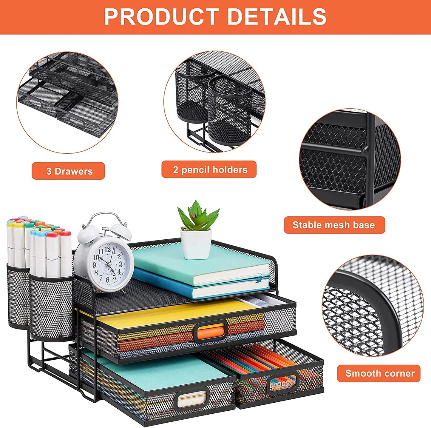 3 Tier Mesh Desk Organizer with Drawer, Multi-Functional Desk Organizers and Accessories, Paper Letter Organizer with 2 Pen Holder for Home Office Supplies