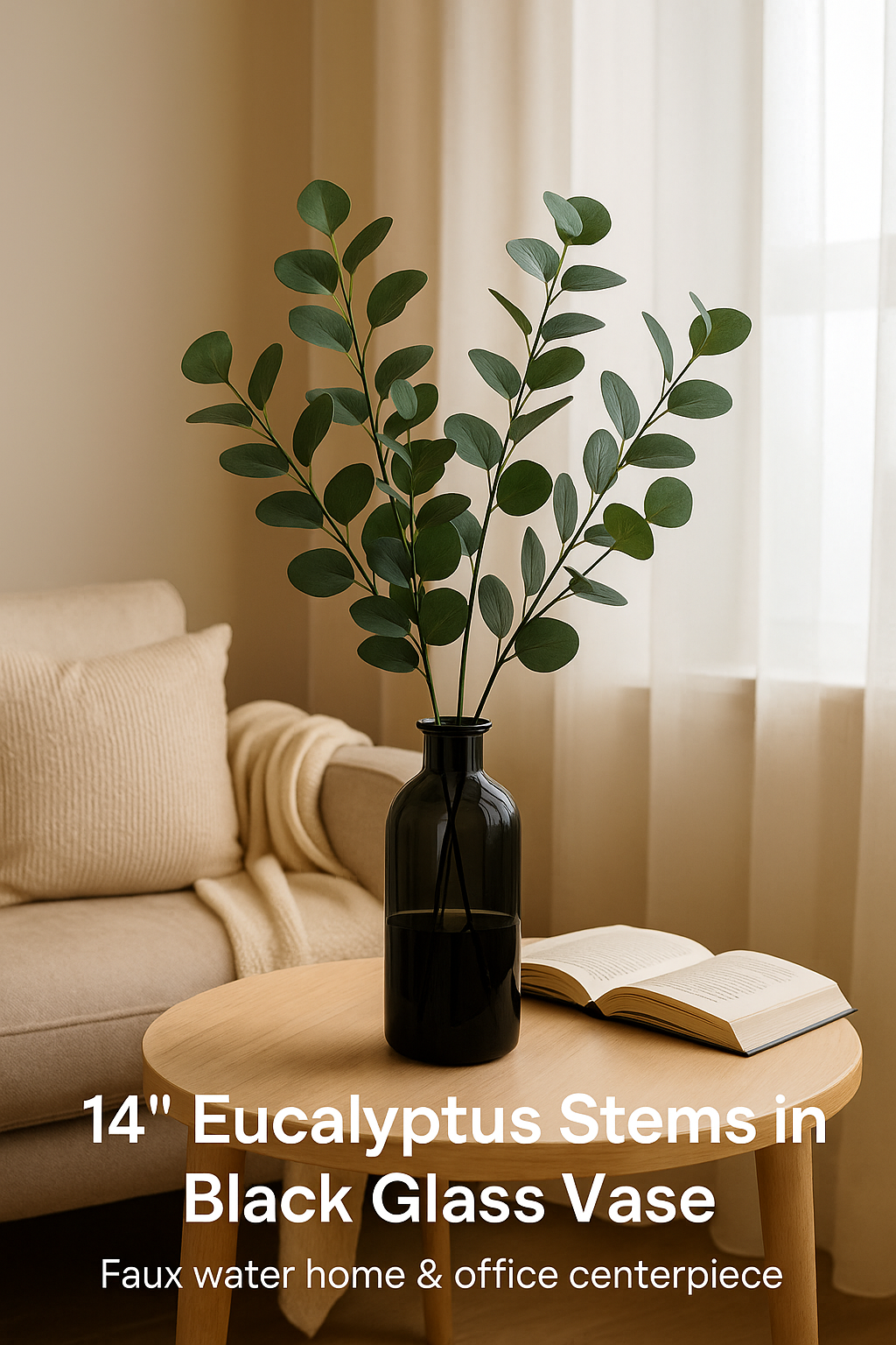 14" Eucalyptus Stems in Black Glass Vase – Faux Water Home & Office Centerpiece