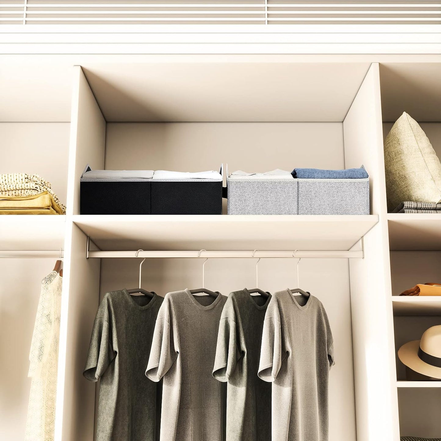 Closet Organizers Bins 6 Packs - Large Closet Shelf Organizer with Handles, Fabric Trapezoid Storage Bins, Collapsible Storage Cubes for Clothes, Towels, Light Grey