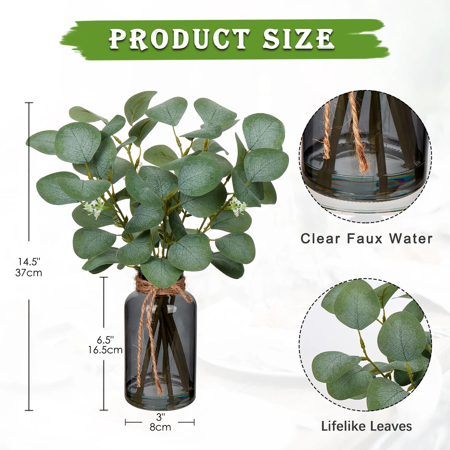 14" Eucalyptus Leaves Artificial Plant Stems in Black Glass Vase with Faux Water Home Office Farmhouse Wedding Centerpiece Décor