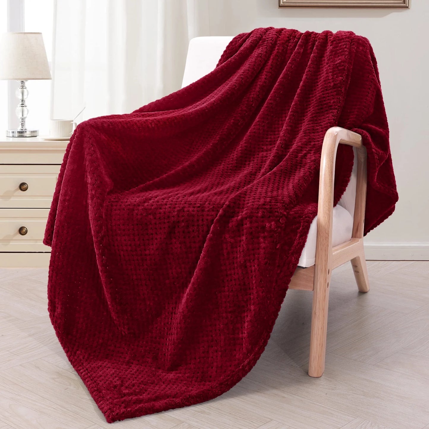 Waffle Textured Extra Large Fleece Blanket, Super Soft and Warm Throw Blanket for Couch, Sofa and Bed (Burgundy, 50"X70")-Cozy, Fuzzy and Lightweight
