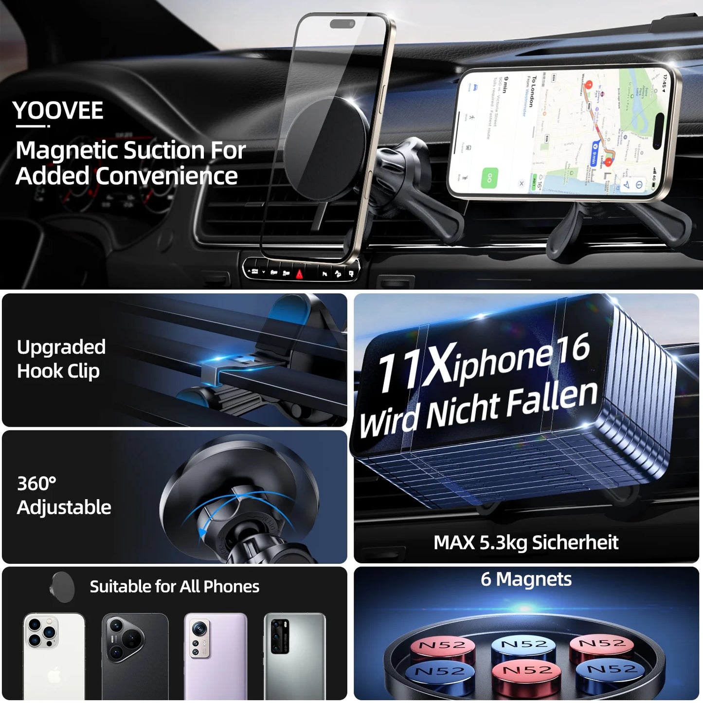 Phone Holders for Your Car Magnetic, 360 Degree Rotation, Air Vent Magnetic Phone Mount, Upgraded Strongest Magnet Power, Compatible with Iphone, Samsung, Google Pixel, Motorola Moto, Black