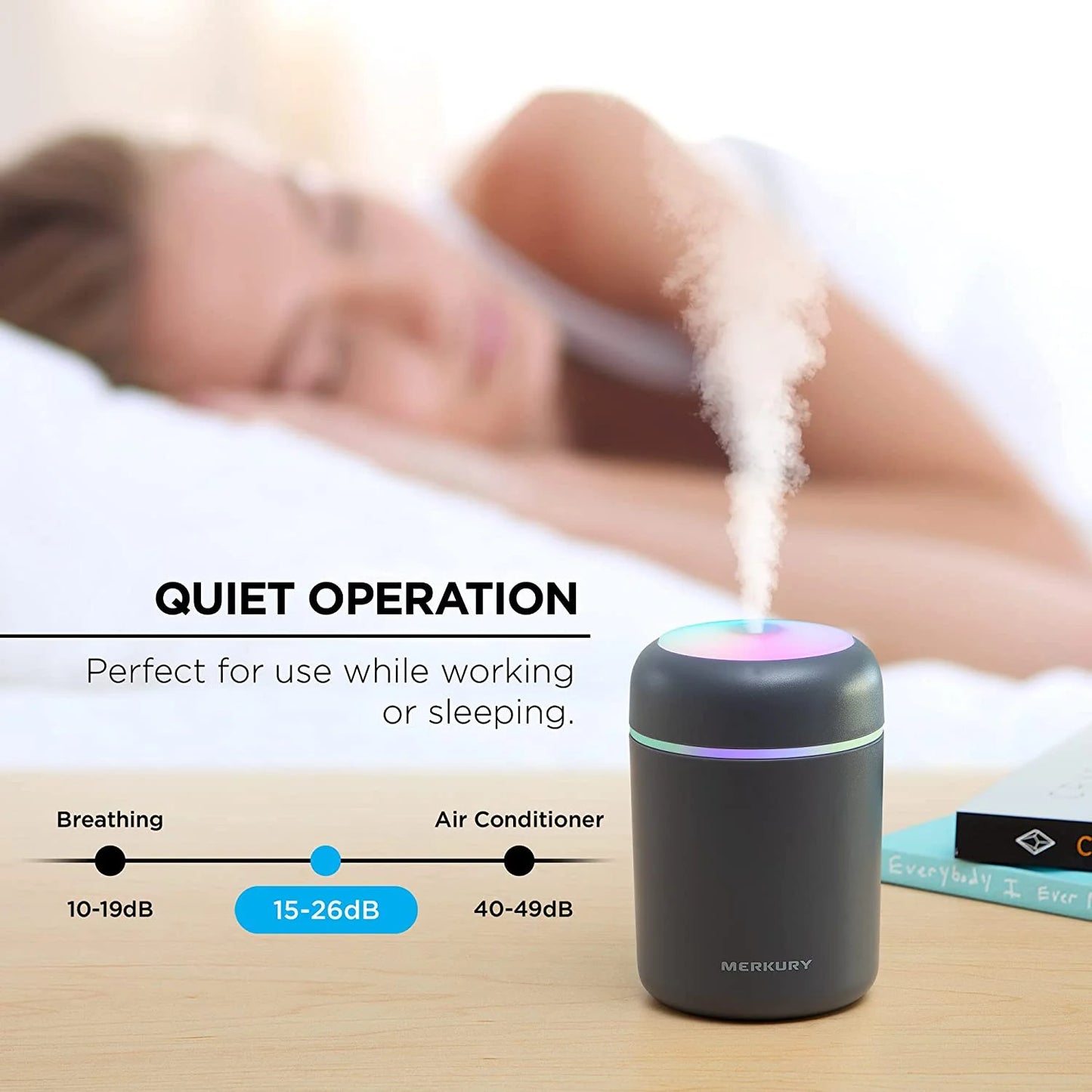 Breathe Easy Portable Personal Humidifier, USB Powered, Night Light, Timer Included, for Allergies, Dry Skin and Improved Sleep, Gray