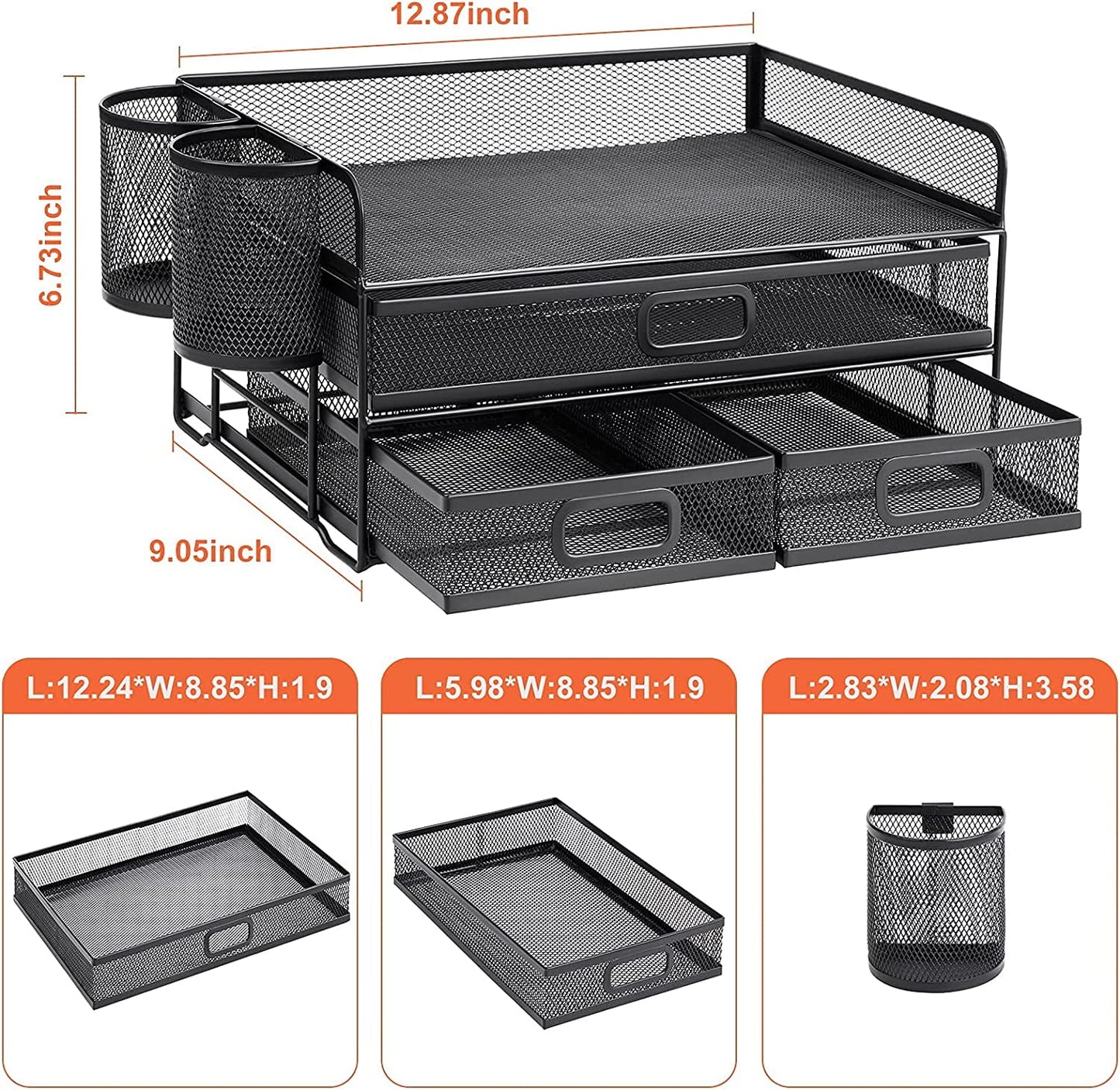 3 Tier Mesh Desk Organizer with Drawer, Multi-Functional Desk Organizers and Accessories, Paper Letter Organizer with 2 Pen Holder for Home Office Supplies