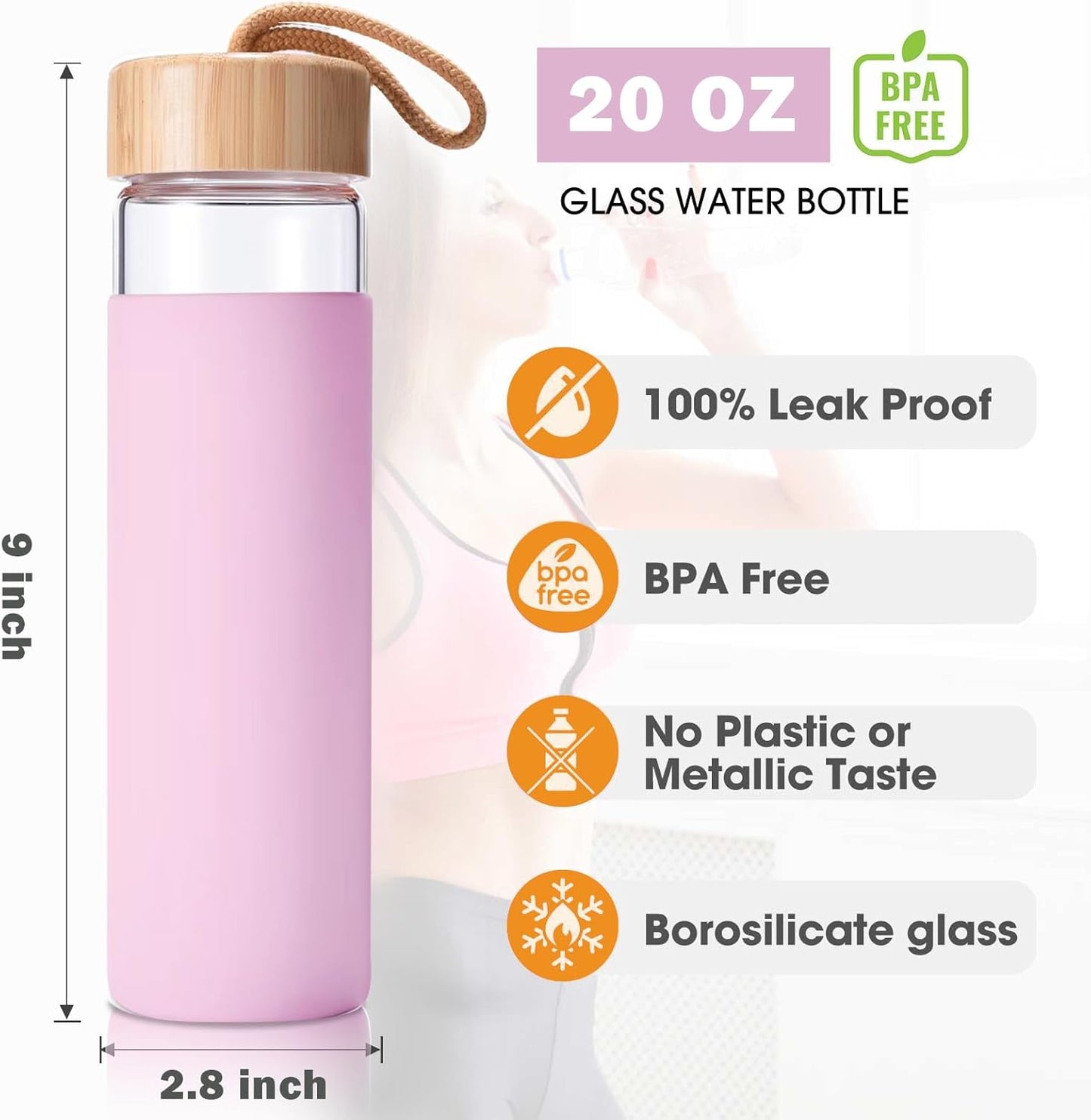 20 Oz Borosilicate Glass Water Bottles with Silicone Sleeve BPA Free, Dishwasher Safe - Reusable Clear Glass Drinking with Leak Proof Bamboo Lid | Perfect Gym Water Bottles for Men & Women