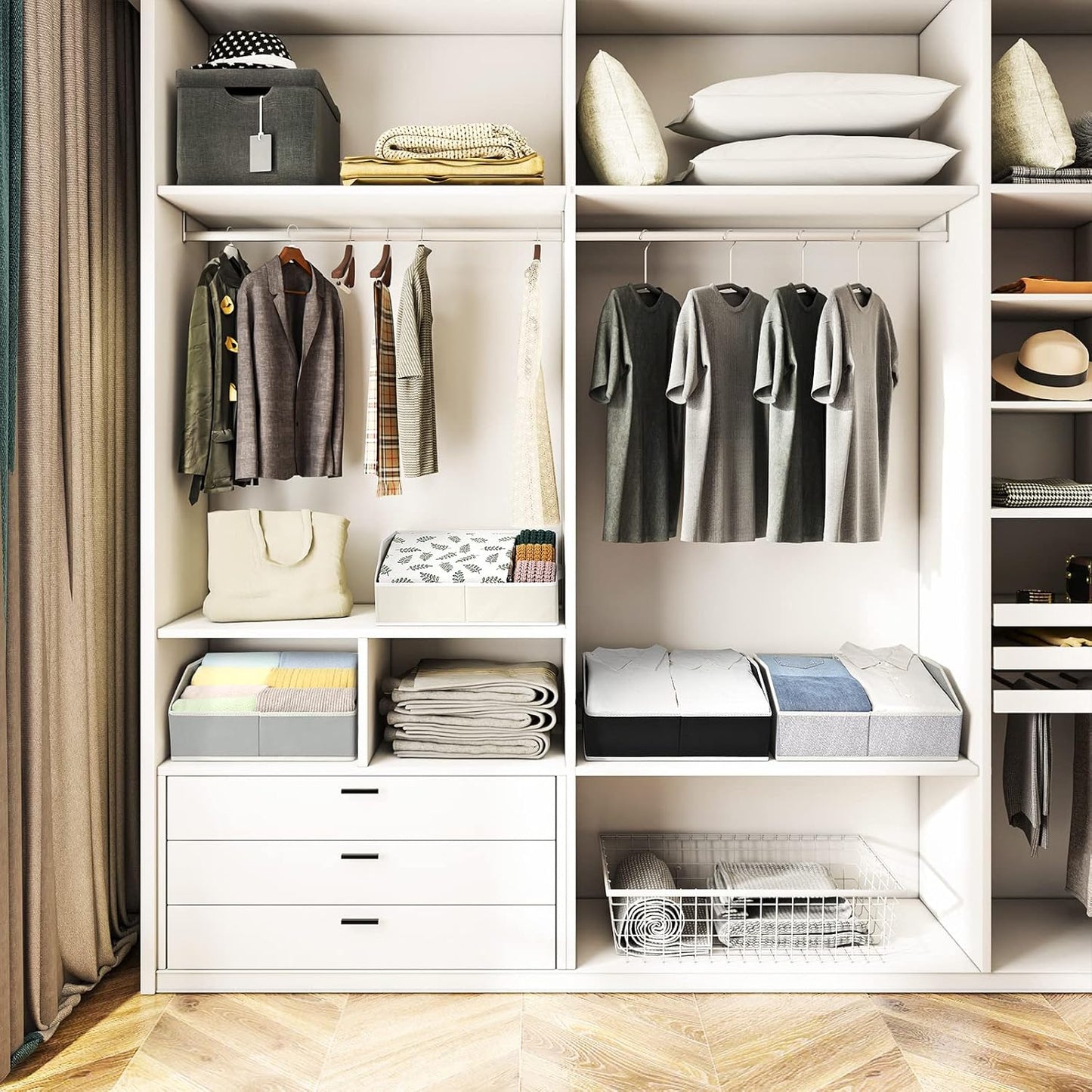 Closet Organizers Bins 6 Packs - Large Closet Shelf Organizer with Handles, Fabric Trapezoid Storage Bins, Collapsible Storage Cubes for Clothes, Towels, Light Grey