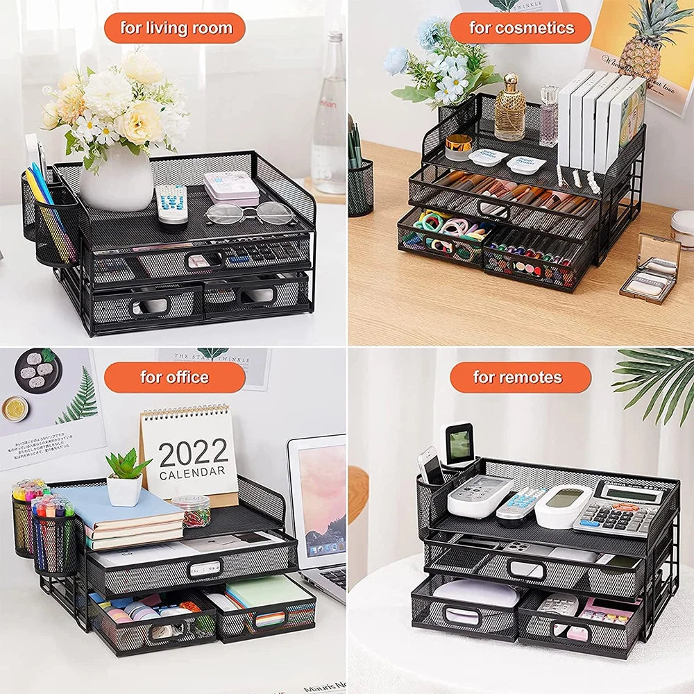 3 Tier Mesh Desk Organizer with Drawer, Multi-Functional Desk Organizers and Accessories, Paper Letter Organizer with 2 Pen Holder for Home Office Supplies