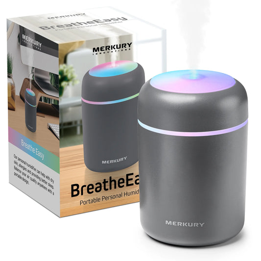 Breathe Easy Portable Personal Humidifier, USB Powered, Night Light, Timer Included, for Allergies, Dry Skin and Improved Sleep, Gray