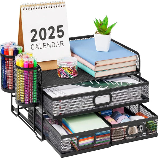 3 Tier Mesh Desk Organizer with Drawer, Multi-Functional Desk Organizers and Accessories, Paper Letter Organizer with 2 Pen Holder for Home Office Supplies