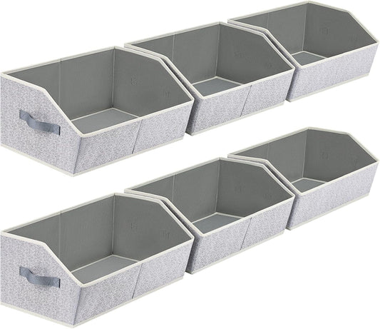 Closet Organizers Bins 6 Packs - Large Closet Shelf Organizer with Handles, Fabric Trapezoid Storage Bins, Collapsible Storage Cubes for Clothes, Towels, Light Grey