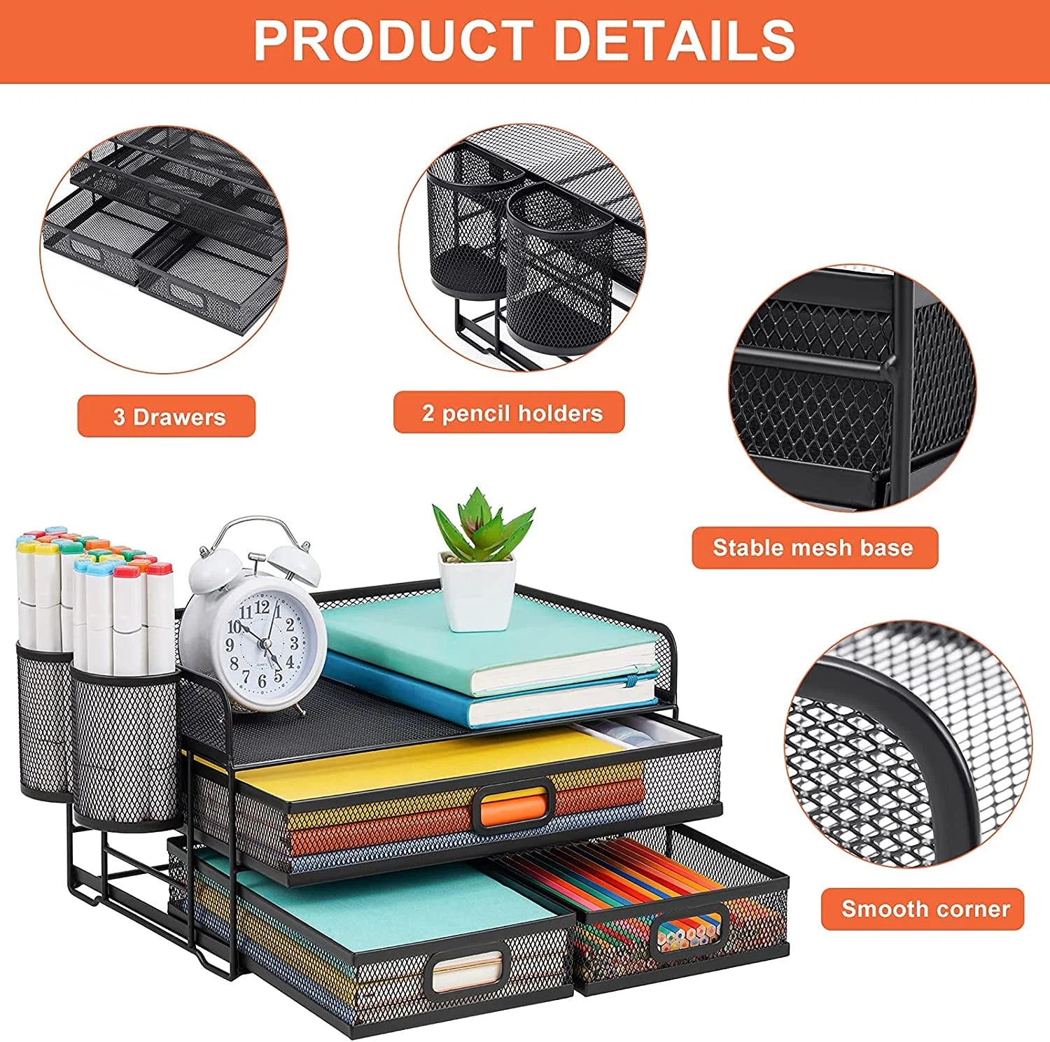 3 Tier Mesh Desk Organizer with Drawer, Multi-Functional Desk Organizers and Accessories, Paper Letter Organizer with 2 Pen Holder for Home Office Supplies