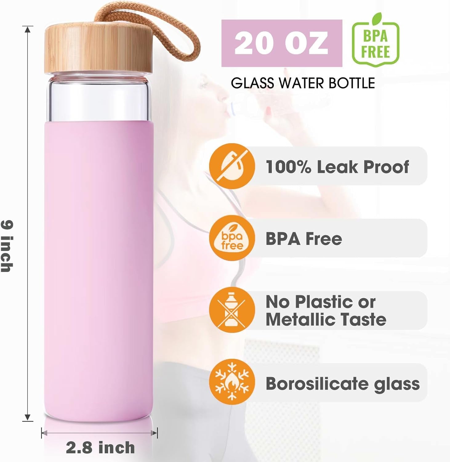 20 Oz Borosilicate Glass Water Bottles with Silicone Sleeve BPA Free, Dishwasher Safe - Reusable Clear Glass Drinking with Leak Proof Bamboo Lid | Perfect Gym Water Bottles for Men & Women